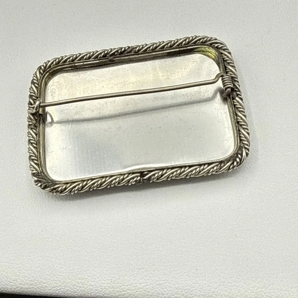 Vintage Brooch Fedoskino Hand Painted Mother of Pearl Coastal Ships Signed KM 98